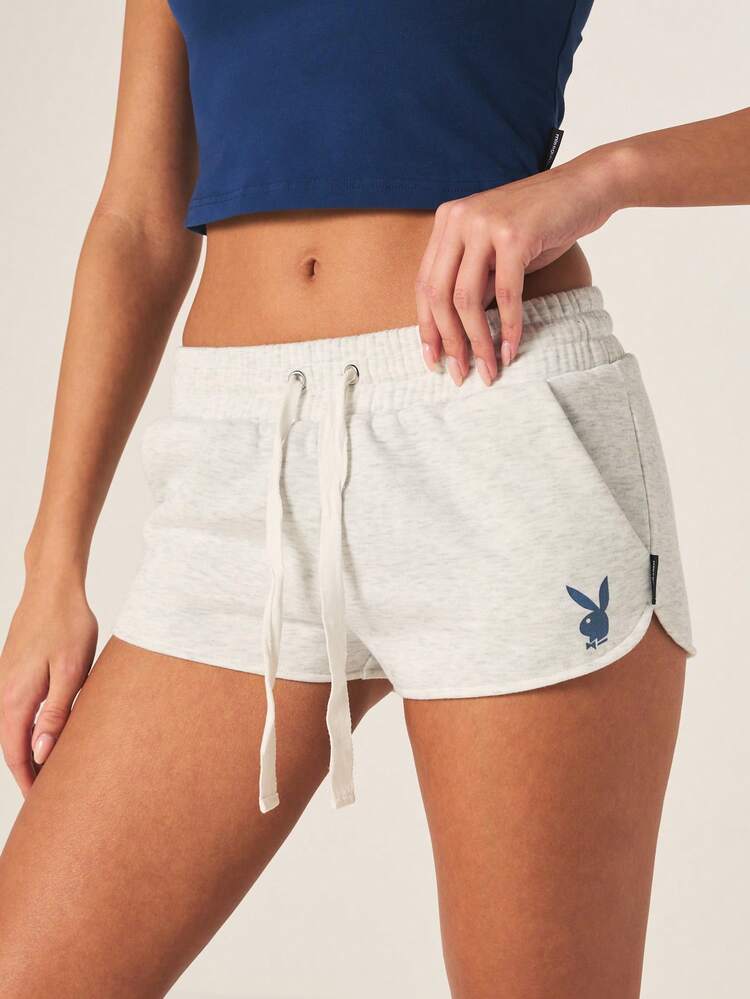Missguided x Playboy Damskie szorty do biegania z logo króliczka, ściągaczem, grafiką z przodu i nadrukiem tekstowym z tyłu