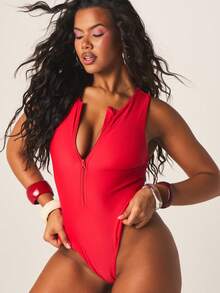 MISSGUIDED Women's Plunge Neckline Zip Front One Piece Swimsuit Red High Cut Leg Summer Beach Vacation Pool Party Swimwear - Red - View 6