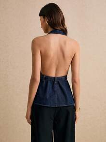 Poéselle Áo yếm denim hở lưng gợi cảm dành cho nữ, có thắt lưng, màu xanh đậm. Thích hợp cho mùa hè, áo mùa hè, áo ngày Valentine cho nữ, áo thường ngày cho nữ. - Rửa tối - Xem 3