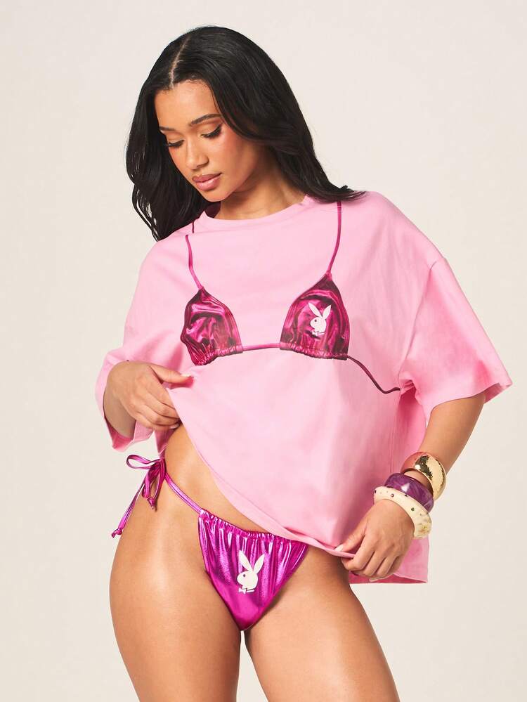 Missguided x Playboy Women's Bikini Printed Oversized T-Shirt With Short Sleeves Pink Cotton Tee Summer Casual Loose Fit Top