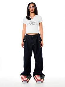 SUMWON WOMEN Women's Cropped V Notch Neck Short Sleeve Graphic Tee With Script Text Print Casual Fitted White Top - White - View 3