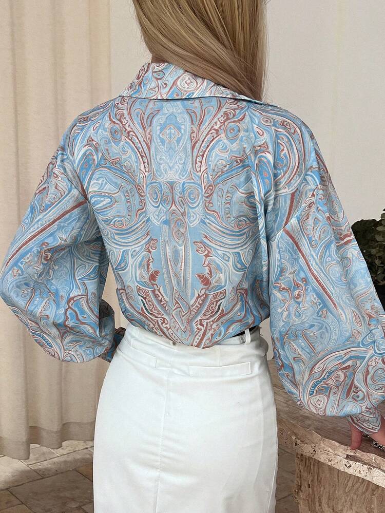 Women's Casual Retro Paisley Print Lantern Sleeve Shirt