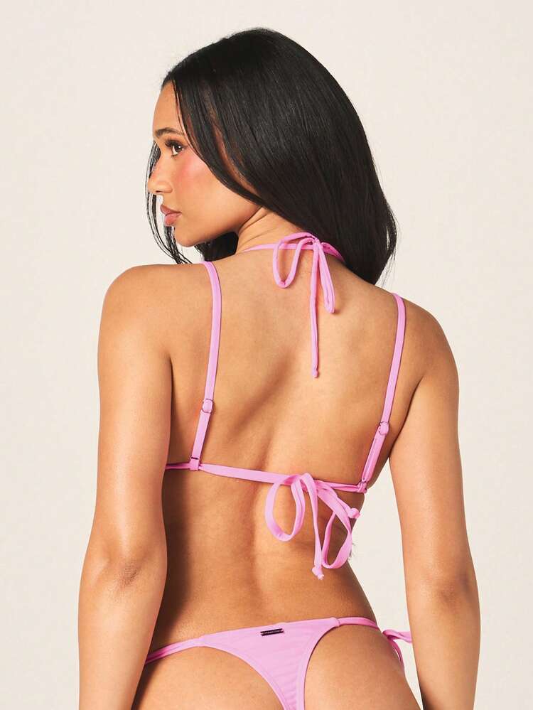 Missguided x Playboy Women's Bunny Triangle Bikini Set With Halter Neck And Side Tie Bottom Summer Beach Swimwear