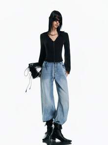 Airlisse Women's V-Neck Zip-Up Fitted Jacket, Spring/Summer Y2K 2026 Spring/Summer Black Top - Black - View 5