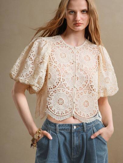 Arave Women's Lace Hollow Puff Sleeve Round Neck Casual Designed Vacation Style Date Placket Shirt