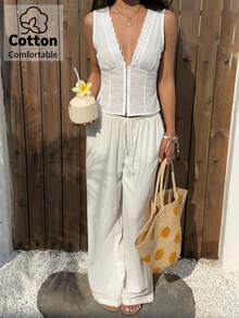 Aloruh Women's Deep V-Neck White Eyelet Embroidery Button-Up Shirt, Spring/Summer - White - View 5