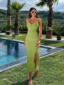 EURMUSE 纯色修身高开衩优雅无袖毛衣裙 - 青檸色 - 查看 6