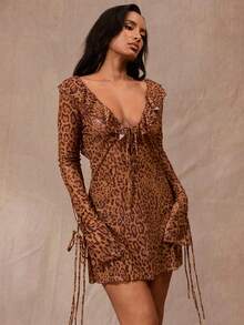 Opulessa Women's Vacation Leopard Print Ruffle Collar Front Tie Cover Up Dress - Multicolor - View 6