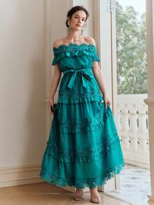 Anewsta Đầm ôm sát thanh lịch trễ vai xếp nếp ren viền mới dành cho nữ - màu xanh lá - Xem 4