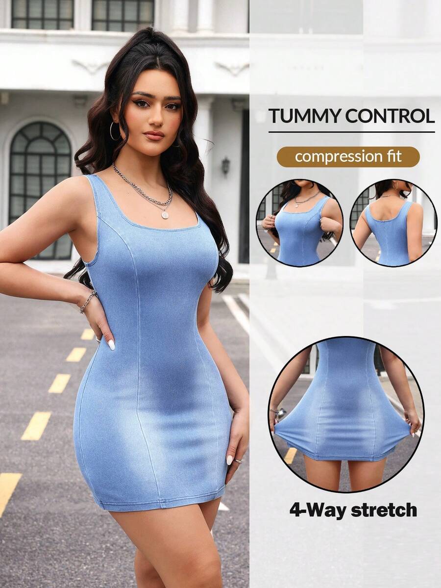 Flexra 女士方领无袖修身时尚牛仔连衣裙 - 藍色 - 查看 1