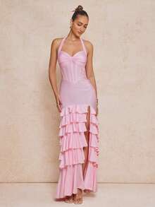 Lumalex 女士亮面面料褶皱露背收腰修身不对称开衩荷叶边下摆连衣裙 - 粉色 - 查看 4