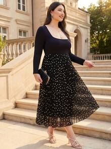 ELLERISSA Plus Size Elegant Polka Dot Print Pleated Midi Dress For Women, Soft Fitted Top Long Sleeves And Pleated Skirt, Dress For Office Wear Or Commuting, Formal Dress, Date Night Dress, Autumn/Winter Women Dress - Multicolor - View 5