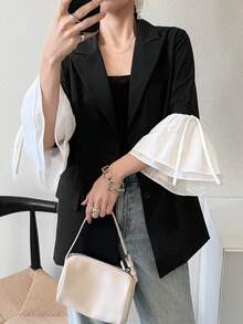 FRIFUL Áo khoác blazer nữ phối màu tương phản, dáng rộng, thoải mái, cổ tay buộc nơ, thích hợp cho mùa xuân/hè. - màu đen - Xem 4
