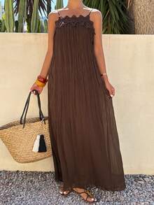 DAZY Abito a-line ampio con tessuto grinzoso e pizzo a contrasto, elegante abito lungo estivo da vacanza per le donne - Caffè Marrone - Visualizzare 5