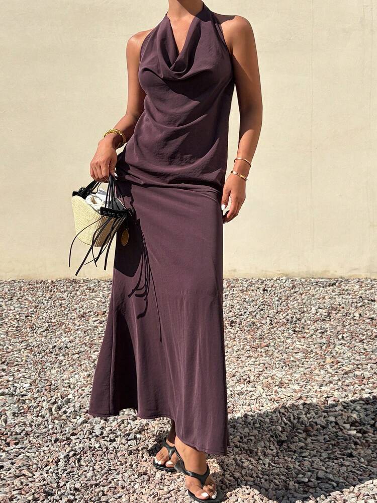 Women's Summer Fashion Sexy Vacation Style Minimalist Solid Color Halter Backless Top And Skirt Set