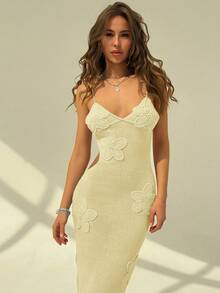 Aloruh 手工钩编紧身 3D 花卉吊带裙，适合女士浪漫约会和海滩度假，春夏季 - 淡黃色 - 查看 7