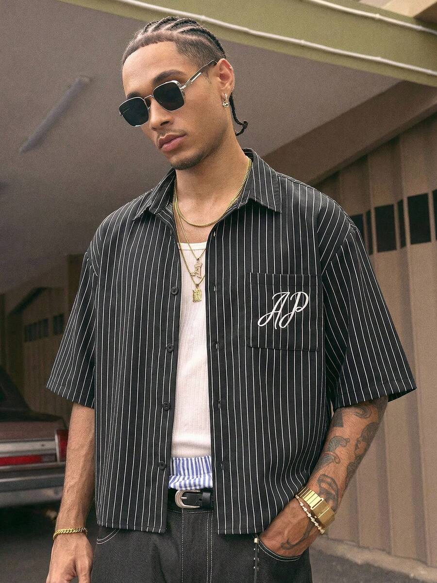 AXEPEAK 男士短袖纽扣条纹休闲衬衫，夏季 - 黑與白 - 查看 1