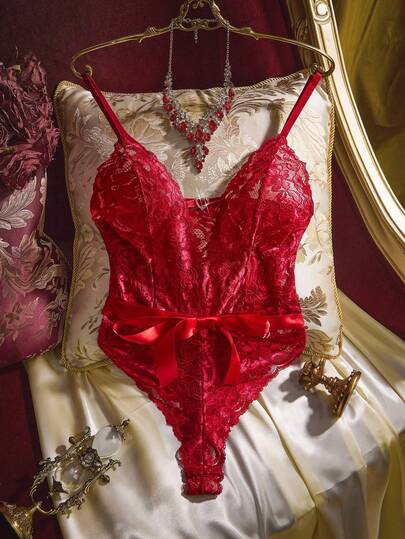 PinupPomp 1pc Women's Sexy Lace Trim Bodystocking, Wine Red