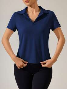 SHEIN Sports 1 chiếc áo polo thể thao nữ cổ chữ V màu trắng trơn, thích hợp chơi tennis/golf, áo polo nữ cổ bẻ, áo polo nữ trơn, áo polo nữ màu xanh dương, áo polo tay ngắn. - Màu xanh hải quân - Xem 5