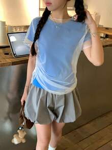 DAZY Women's Side Drawstring Adjustable Sheer Mesh Short Sleeve T-Shirt 2 Pieces Set - Blue - View 5