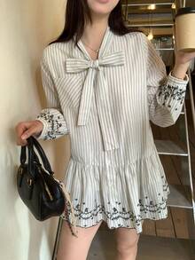 DAZY Women's Striped Korean Style Embroidered Bow Mini Dress, Casual For Party, Holiday Floral Dresses For Women - Apricot - View 8