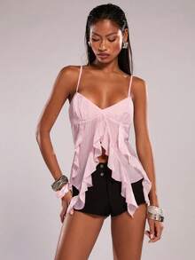 SHEIN BAE Spring/Summer Beach Holiday Casual Pink Chiffon Ruffle Backless Camisole/High-Low Hem Blouse/Summer Top/Party/Beach Vacation/Ibiza/Chiffon Blouse/Casual Top - Pink - View 1