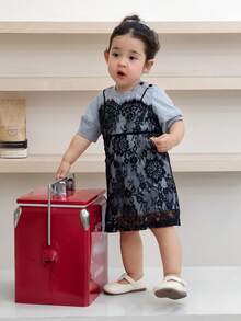 DAZY 女婴韩版蕾丝边休闲二合一连衣裙 - 灰色 - 查看 1