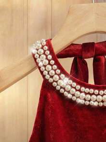 Franclia 法式复古丝绒高领高品质优雅仿珍珠女式衬衫 - 紅色 - 查看 4