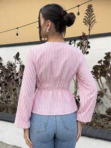 Andrea Bello Camisa de manga larga con cordones y diseño de rayas para mujeres, estilo minimalista apto para el verano - Rosa - Ver 4