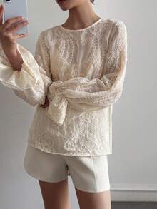 DAZY Women's Round Neck Semi-Sheer Lace Flare Sleeve Blouse - Apricot - View 5