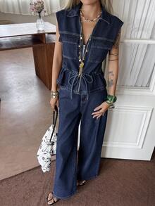 DAZY Women's Drawstring Waist Sleeveless Top And Jeans Pants Set - Blue - View 5