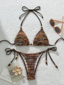 Swim Vcay 2 Stücke Damen Bademode Set, neues Frühjahr/Sommer Design, flauschiger Stoff mit Perlendekor, Neckholder Bikini-Top und seitlich gebundene sexy Strand-Shorts, geeignet für Strand, Resort, Schwimmbad - Braun - Übersicht 4