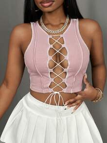 Slaydiva 休闲基础款运动性感Y2K街头风交叉撞色包边无袖罗纹露脐上衣（女款） - 粉色 - 查看 4