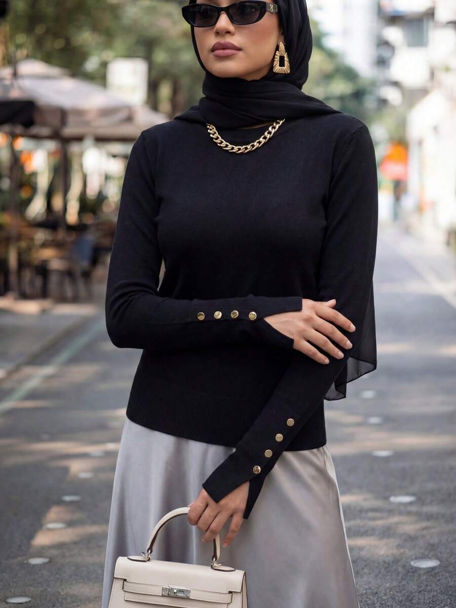 Calvaya All-Match Round Neck Casual Versatile Long Sleeve Knit Undershirt Button Top - Black - View 1