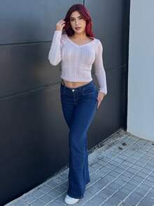 Bearsaez Nuevo suéter de cuello en V profundo, de manga larga, ajustado, de punto de cable vintage minimalista, una prenda exterior versátil para otoño/invierno - Rosa - Ver 4