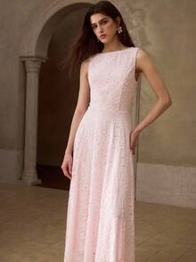 MOTF PREMIUM WOMEN'S LACE FAUX PEARL BEADED LONG DRESS - Pink - View 4