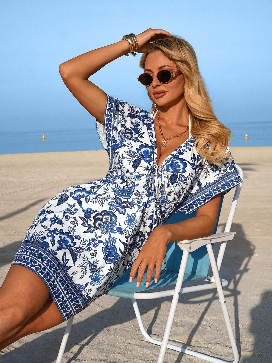 Swim Lushoire 女士度假休闲V领蝙蝠袖印花罩衫 - 藍白色 - 查看 1