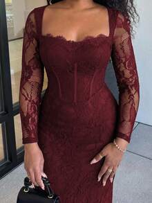 Alexandranx Vestido maxi de Body ceñido con escote redondo, manga larga, estilo corpiño y detalles de encaje, color negro, para mujer, nuevo para otoño/invierno, adecuado para fiestas, citas nocturnas o eventos de noche - Burdeos - Ver 4