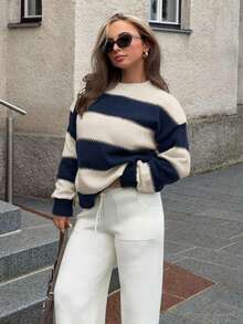 Jeta Ari 女士条纹宽松圆领长袖毛衣，长袖上衣，秋季女士毛衣 - 寶藍色 - 查看 6