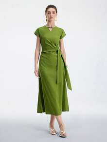 Aalyst Women's Summer Casual Vacation Style Cutout Neck Twist Waist Dress - Green - View 3
