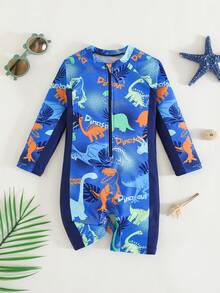 SHEIN 男童恐龙印花拉链连体泳衣，适合海滩度假 - 彩色 - 查看 8