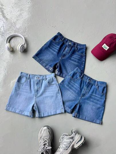 Bộ 3 quần short denim thời trang cho bé trai tuổi teen, phong cách Y2K vintage cá tính, màu xanh đậm và nhạt, ôm sát, gấu quần xắn lên, dáng rộng và đơn giản, thoải mái. Thích hợp cho bé trai tuổi teen mặc hàng ngày, dự tiệc mùa xuân hè, lễ hội và các hoạt động đường phố.