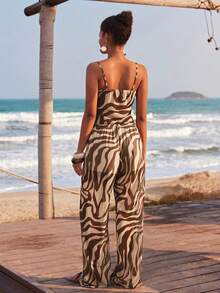 Travachic 2026新款女士春夏度假休闲斑马纹吊带背心和长裤透视套装 - 棕色 - 查看 2