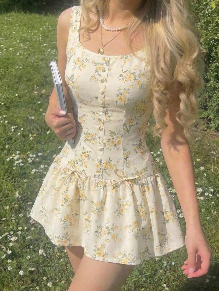 SHEIN MOD 印花圆领低腰蝴蝶结装饰迷你连衣裙 - 黃色 - 查看 1