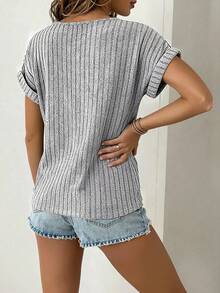 Selamara Light Gray Ribbed Knit Patchwork Hollow Out Short Sleeve Top - Grey - View 2