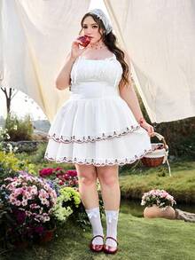 Sweetness 大码女式花卉刺绣褶皱前系带休闲吊带裙 - 白色 - 查看 6