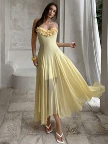 Aloruh Đầm hai dây lưới dệt kim họa tiết hoa 3D màu vàng, thanh lịch, thích hợp cho kỳ nghỉ. - Màu vàng - Xem 8