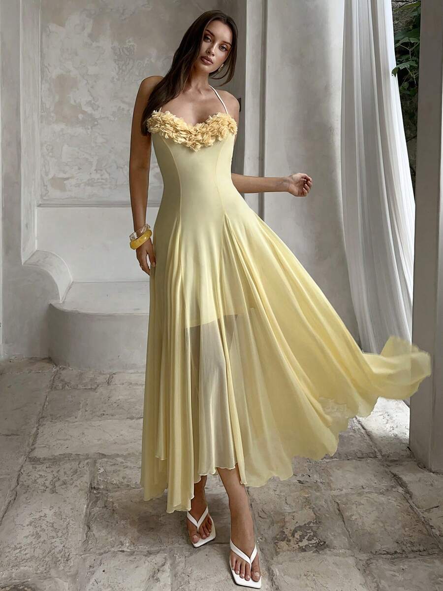 Aloruh 黄色3D立体花卉吊带网纱针织连衣裙，优雅度假之选