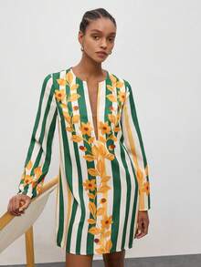 MAIJA Bohemian Holiday Striped Floral Print V-Neck Long Sleeve Mini Dress - Multicolor - View 5