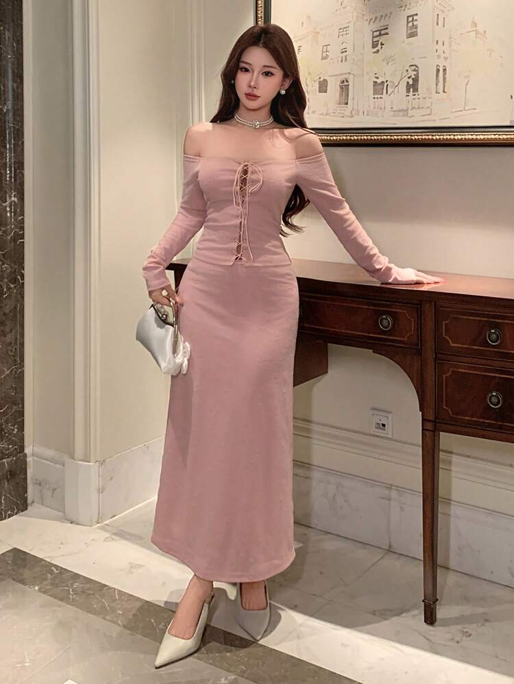 Women's Elegant Solid Color Textured Tie-Up Off-Shoulder Top And Skirt 2-Piece Set, Spring/Summer
